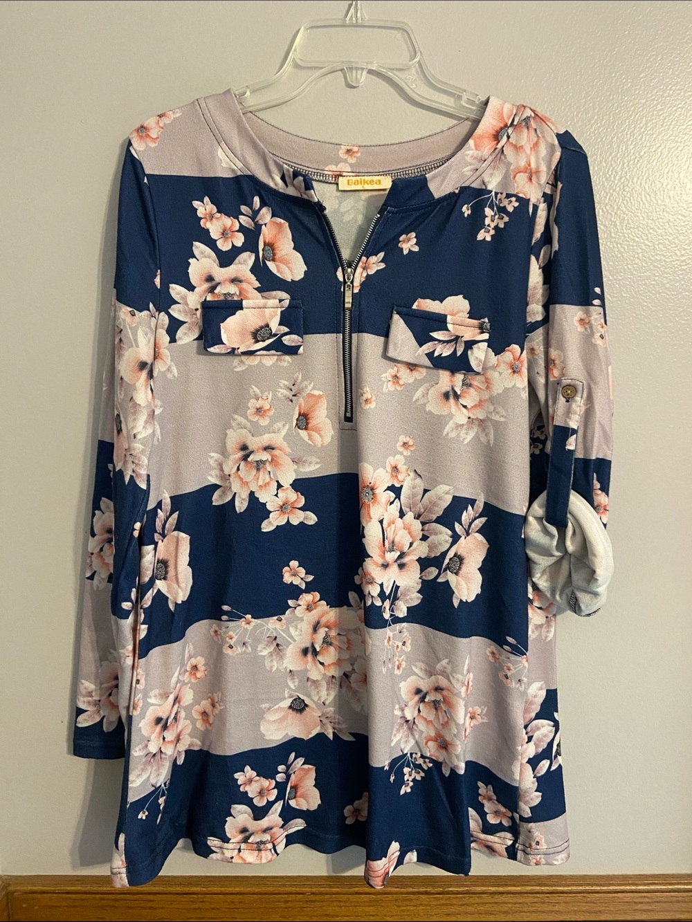 IKEA Navy and Blush Floral Zip-Front Long Sleeve Top